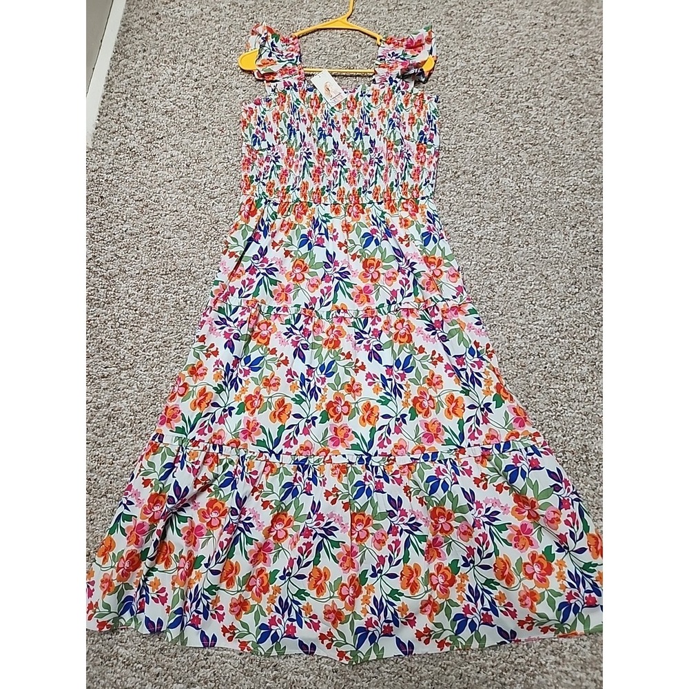 PrettyGarden Floral Smocked Midi Dress Large Ruffle Sleeveless Multicolor NWT